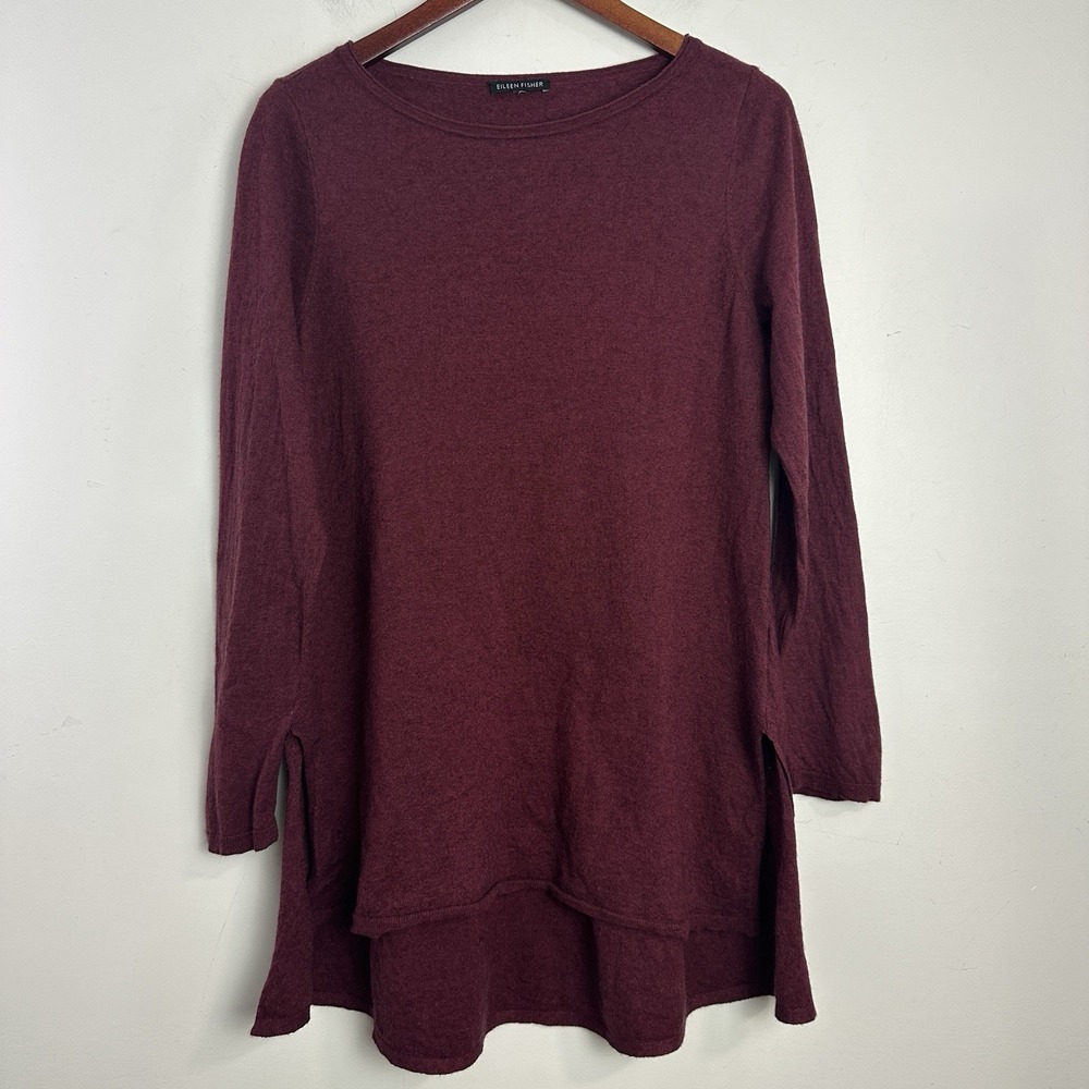 Eileen Fisher Tunic Sweater Small Burgundy‎ Long Sleeve Wool Blend Relaxed